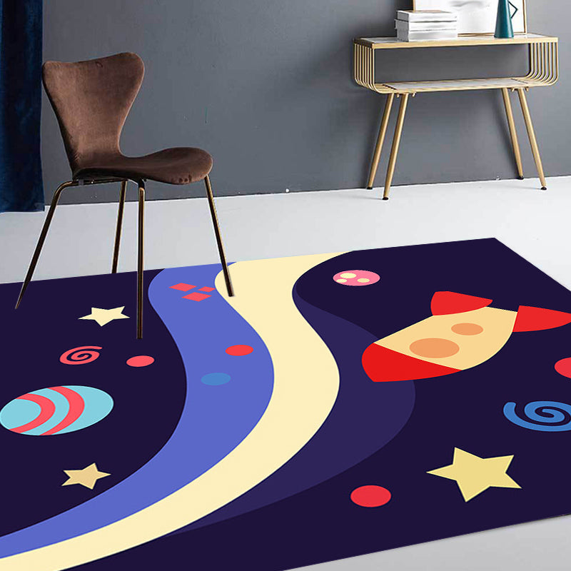 BowLift | Children's Spaceship Pattern Rug with Planet Dark Blue Polyester Rug Washable Pet-Friendly Non-Slip Rug for the Children's Room