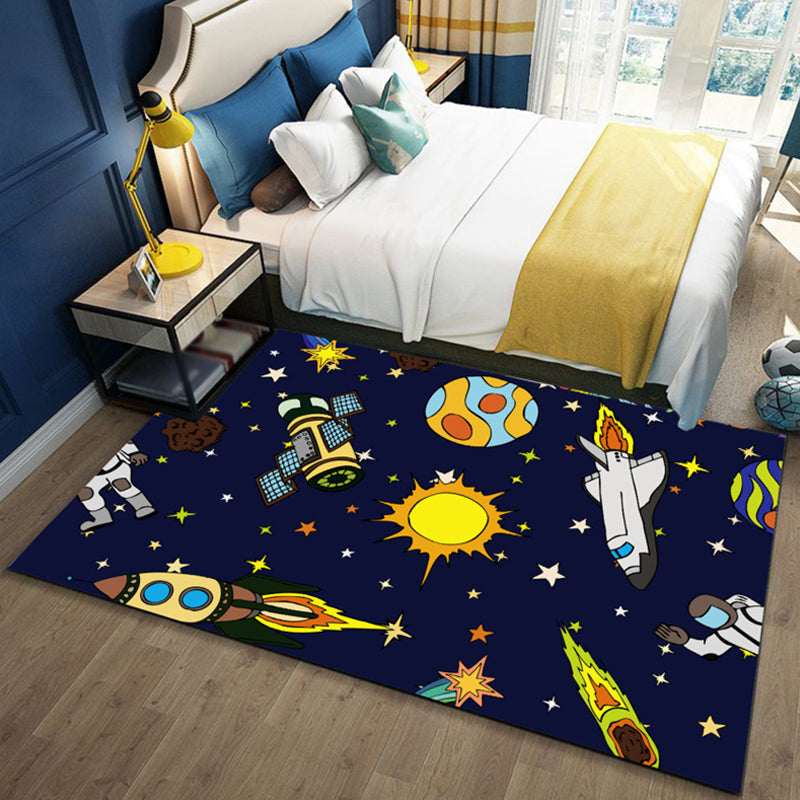 BowLift | Black and Blue Kids Rug Polyester Space and Beach Pattern Rug Pet Friendly Washable Non-Slip Backing Carpet for Decoration