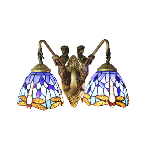 BowLift | Blue Glass Dragonfly Wall Lamp Tiffany 2 Heads Brass Wall Lamp with/without Pull Chain
