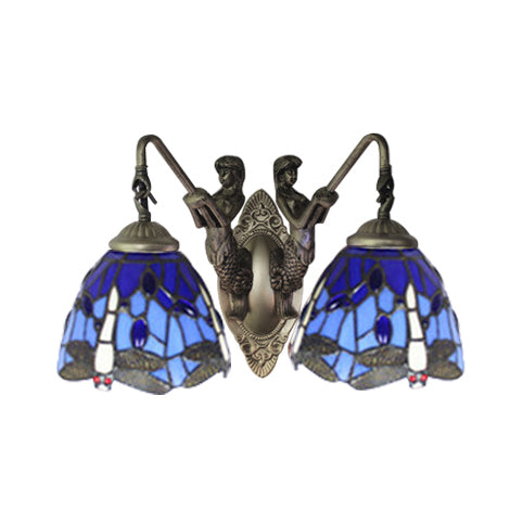 BowLift | Blue Glass Dragonfly Wall Lamp Tiffany 2 Heads Brass Wall Lamp with/without Pull Chain