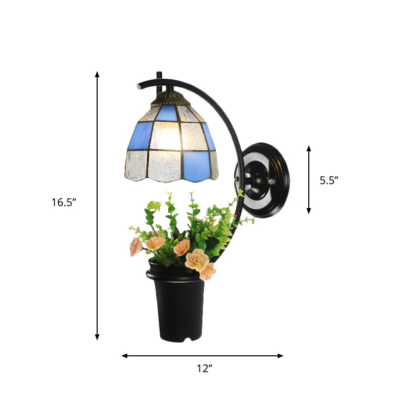 BowLift | Dome Wall Lamp Tiffany Stained Glass 1 Socket Blue Wall Lamp with Flower Decoration