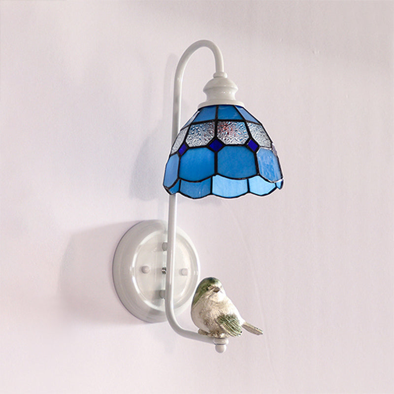 BowLift | 1 Head Bedroom Wall Light Mediterranean Blue-White/Beige/Blue-Clear Wall Lamp with Cone/Dome Stained Glass Shade