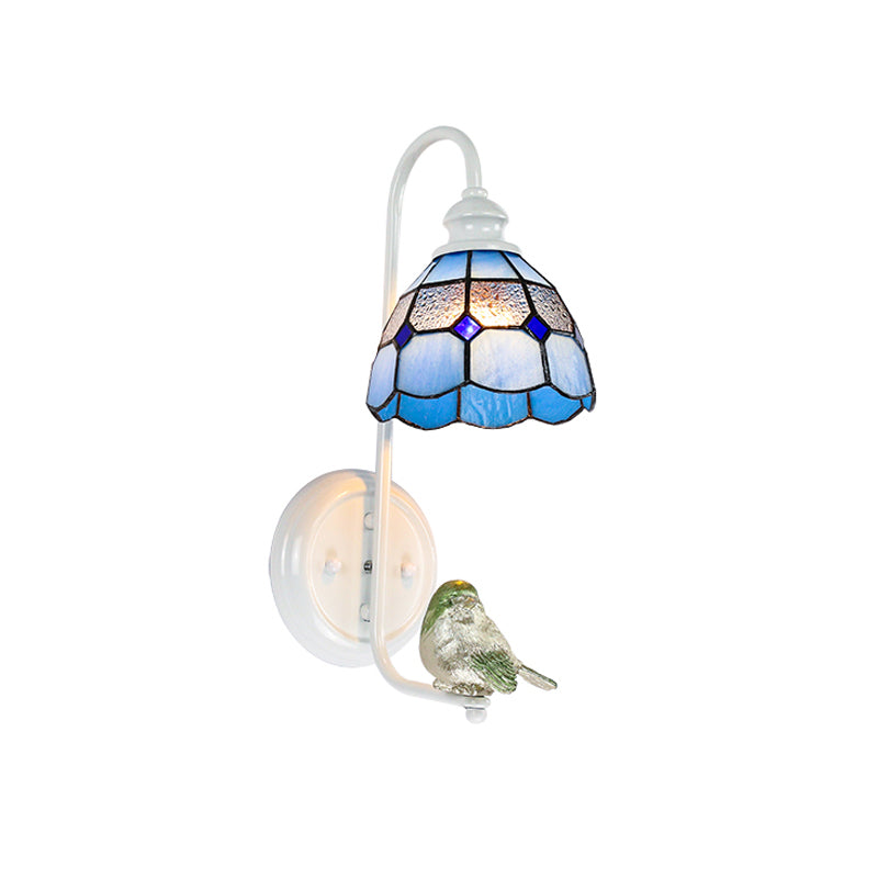 BowLift | 1 Head Bedroom Wall Light Mediterranean Blue-White/Beige/Blue-Clear Wall Lamp with Cone/Dome Stained Glass Shade