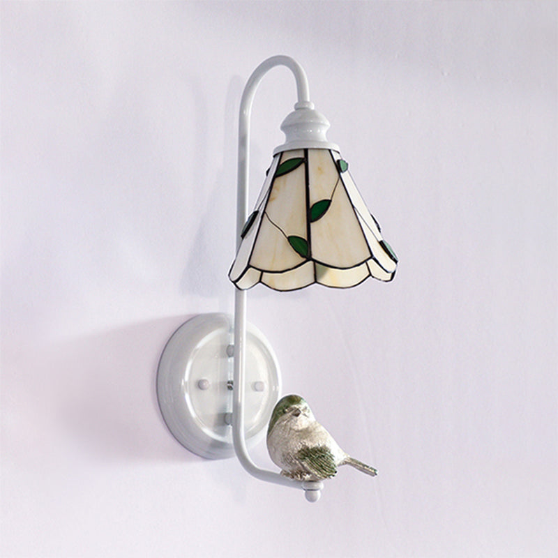 BowLift | 1 Head Bedroom Wall Light Mediterranean Blue-White/Beige/Blue-Clear Wall Lamp with Cone/Dome Stained Glass Shade