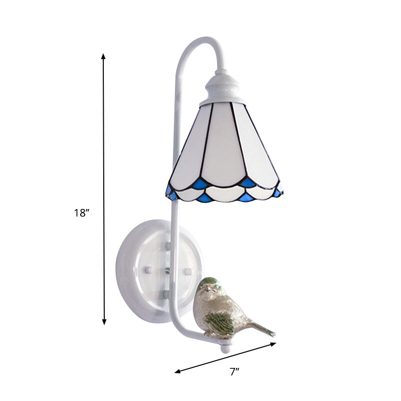 BowLift | 1 Head Bedroom Wall Light Mediterranean Blue-White/Beige/Blue-Clear Wall Lamp with Cone/Dome Stained Glass Shade