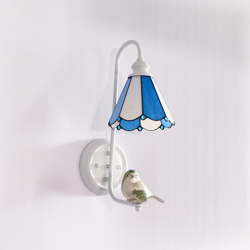 BowLift | 1 Head Bedroom Wall Light Mediterranean Blue-White/Beige/Blue-Clear Wall Lamp with Cone/Dome Stained Glass Shade