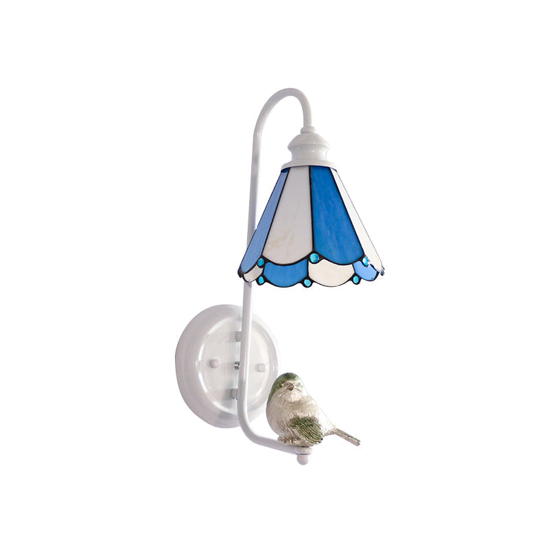 BowLift | 1 Head Bedroom Wall Light Mediterranean Blue-White/Beige/Blue-Clear Wall Lamp with Cone/Dome Stained Glass Shade