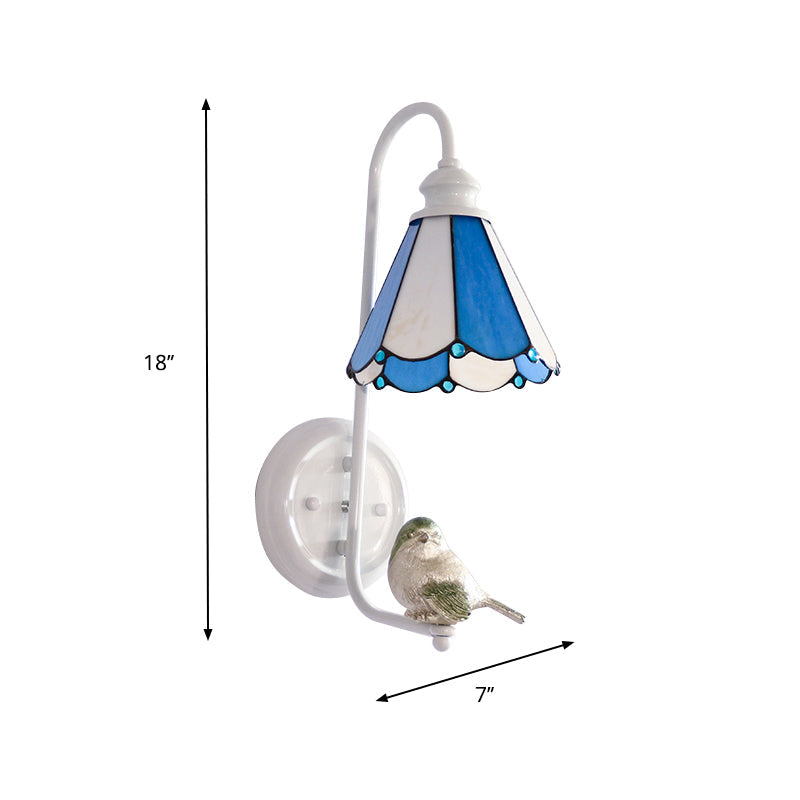 BowLift | 1 Head Bedroom Wall Light Mediterranean Blue-White/Beige/Blue-Clear Wall Lamp with Cone/Dome Stained Glass Shade