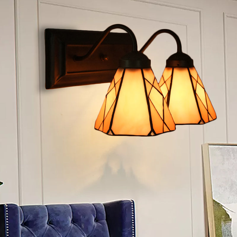 BowLift | Cone Beige Glass Wall Light Tiffany 2 Heads Black Wall Mounted Light for Living Room
