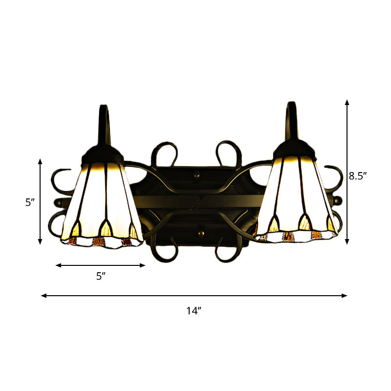 BowLift | Vintage Retro Cone Sconce Light with Goose Neck Stained Glass 2 Heads Wall Light in Beige for Bedroom