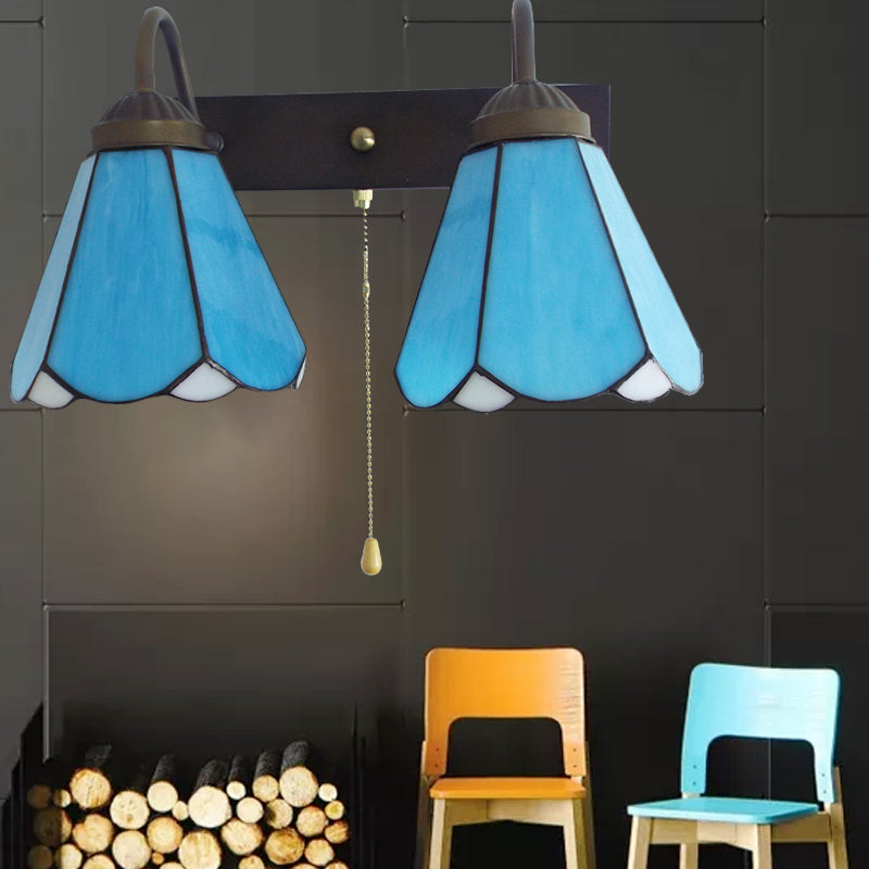 BowLift | Blue Glass Cone Wall Light Mediterranean 2 Heads Black Wall Lamp with Pull Switch