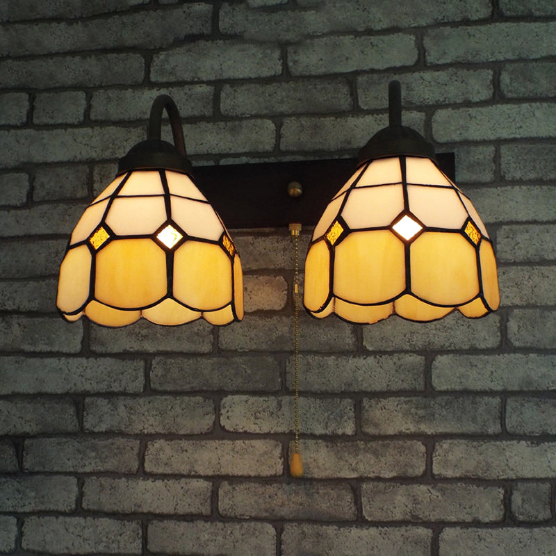 BowLift | Dome Beige Glass Wall Lamp Fixture Tiffany 2 Heads Black Wall Lamp Lighting with Pull Chain Switch