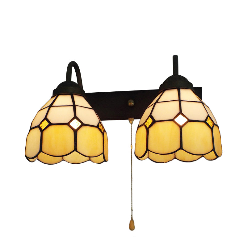 BowLift | Dome Beige Glass Wall Lamp Fixture Tiffany 2 Heads Black Wall Lamp Lighting with Pull Chain Switch