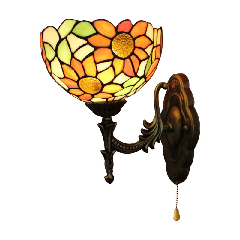 BowLift | Stained Glass Sunflower Wall Lamp 1 Light Rustic Tiffany Wall Lamp in Orange for Library