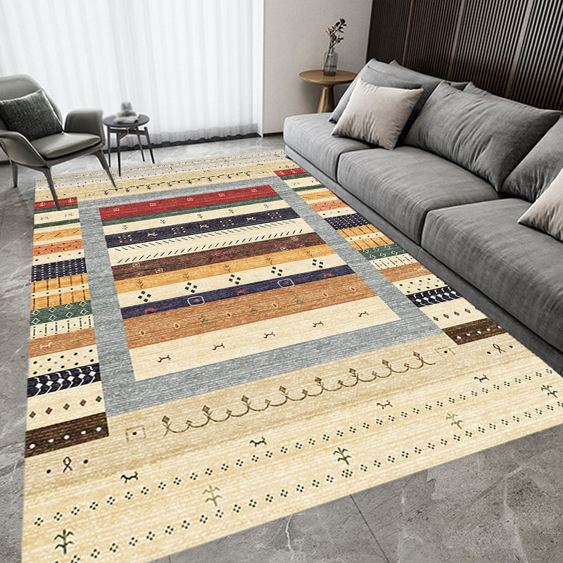 BowLift | Bohemian striped patterned rug with flowers Multicolored Polyester rug Machine washable non-slip back rug for living room