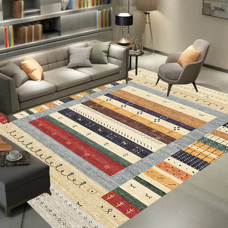 BowLift | Bohemian striped patterned rug with flowers Multicolored Polyester rug Machine washable non-slip back rug for living room