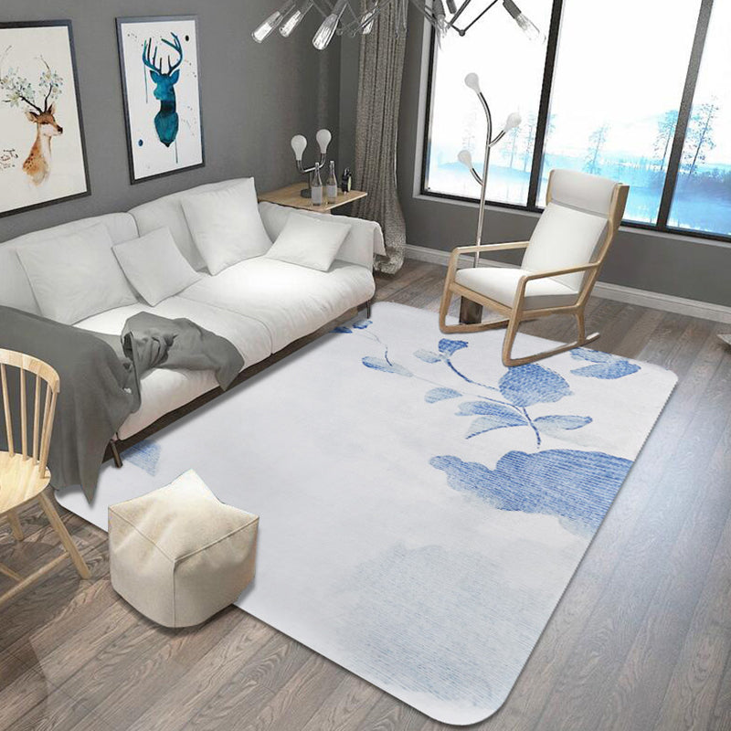 BowLift | Stylish Leaf Pattern Carpet Blue and Gray Oriental Carpet Polyester Machine Washable Non-Slip Carpet for Living Room