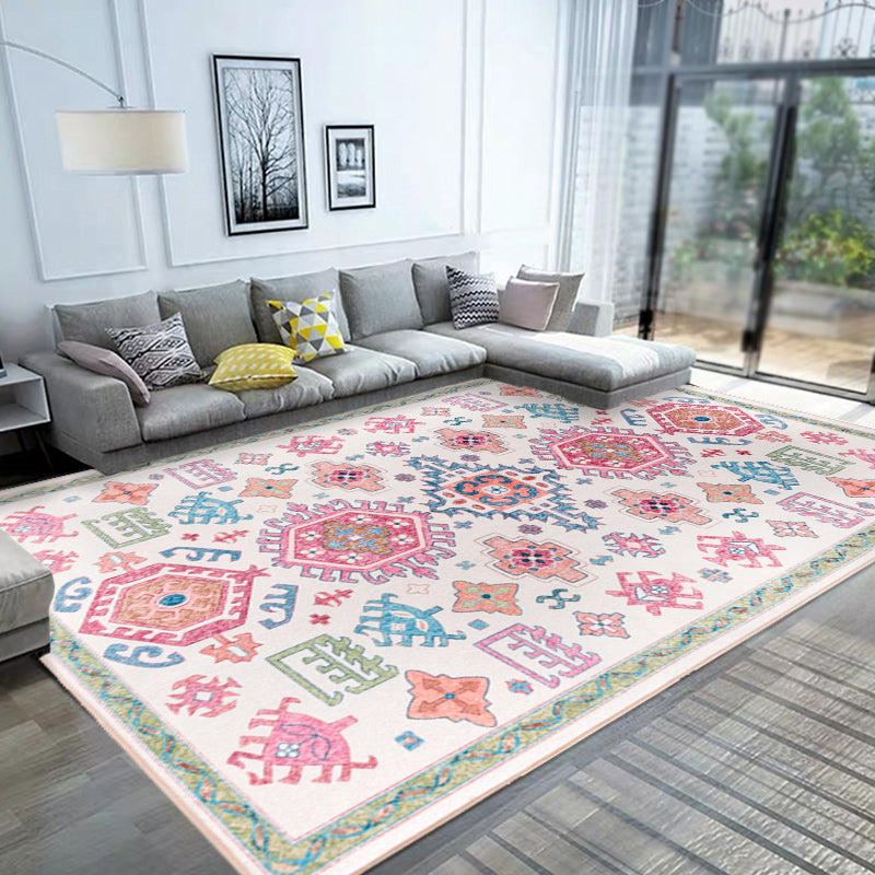 BowLift | White and pink Bohemian rug Polyester floral pattern pet-friendly washable non-slip backing rug for decoration