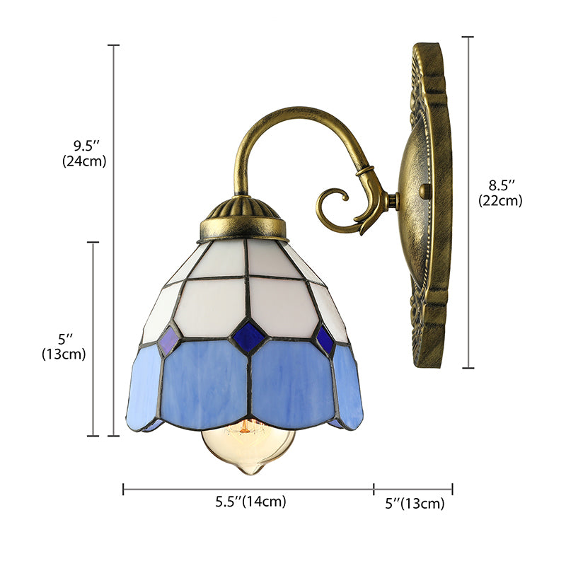 BowLift | Vintage Style Grid Dome Wall Light 1 Bulb Art Glass Wall Light with Curved Arm in Blue for Bathroom