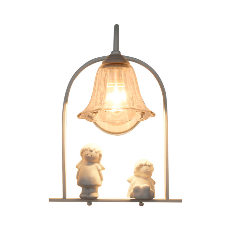 BowLift | White curved frame pendant light Nordic 1 head iron pendant lights with flower glass shade and resin angel decor