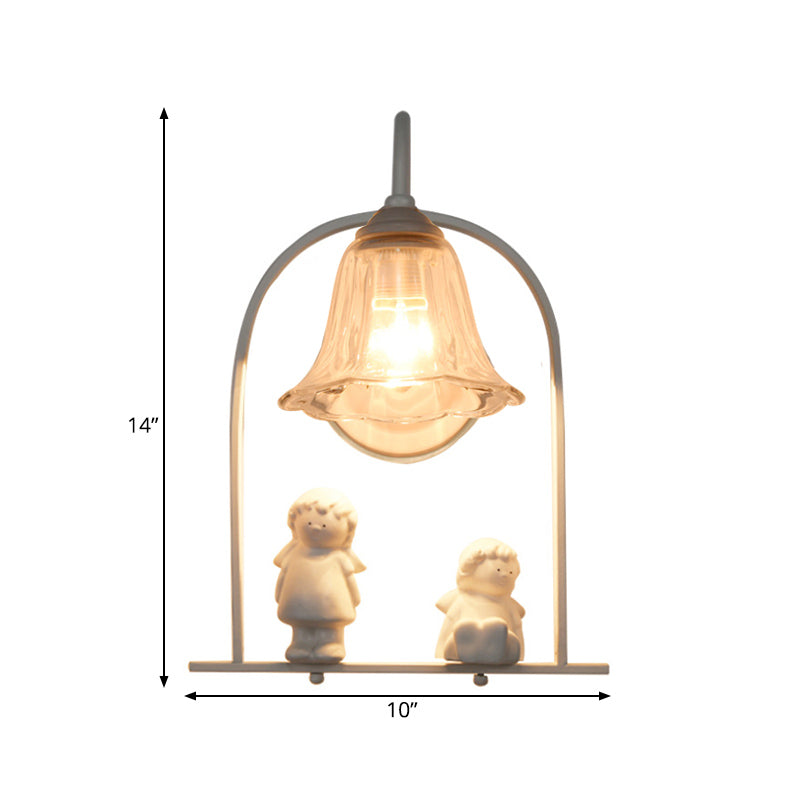 BowLift | White curved frame pendant light Nordic 1 head iron pendant lights with flower glass shade and resin angel decor