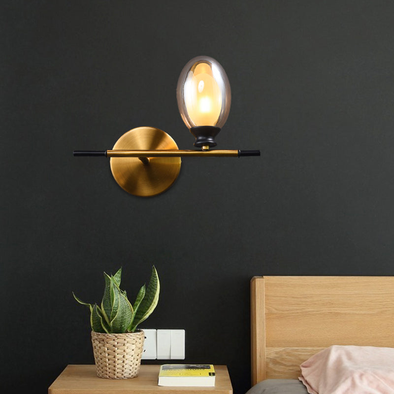 BowLift | Brass straight bar wall light Mid Century 1 head metal wall light ideas with dual oval clear/amber glass shade