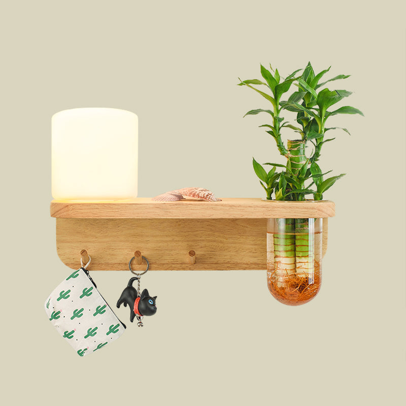 BowLift | Frosted Glass Wood Wall Light Cylindrical 1-Bulb Industrial Wall Sconce Lamp with Plant Container