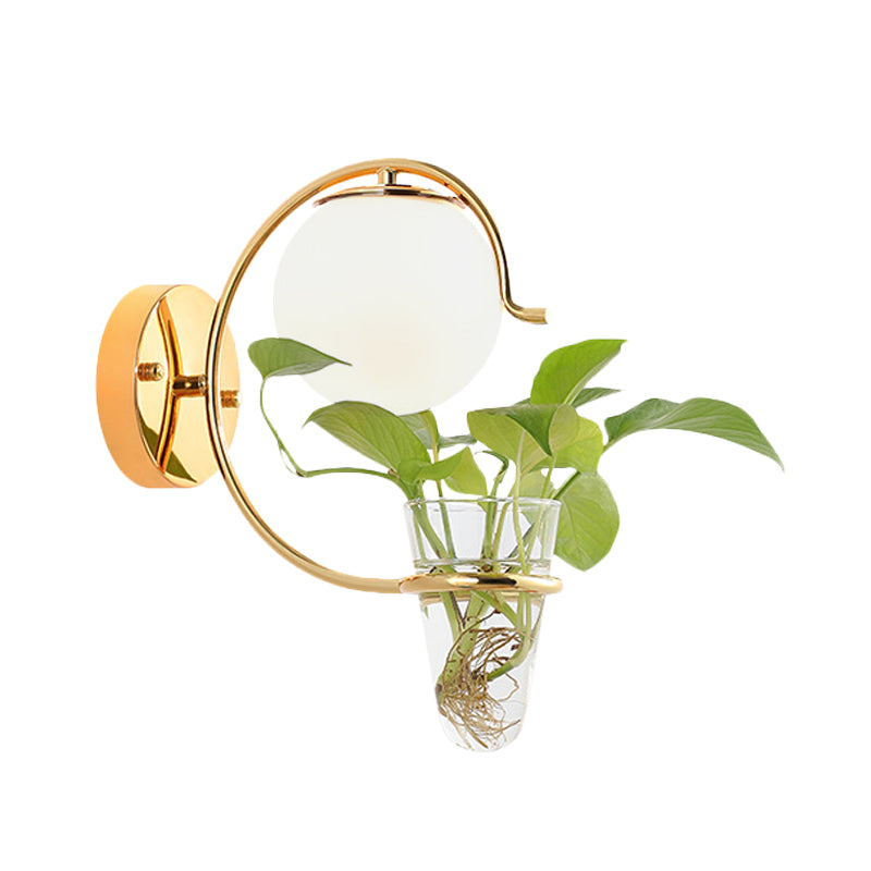 BowLift | Cream/Smoke Gray Glass Orb Wall Lamp Vintage 1-Light Bedroom Wall Lamp in Black/Gold with C-Shaped Arm and Plant Pot