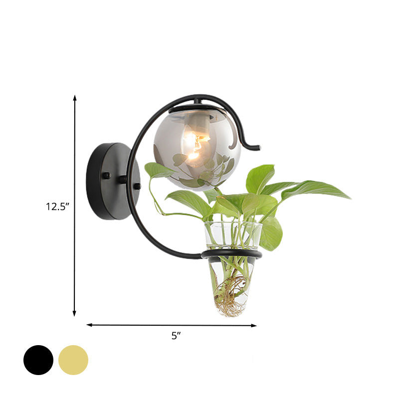 BowLift | Cream/Smoke Gray Glass Orb Wall Lamp Vintage 1-Light Bedroom Wall Lamp in Black/Gold with C-Shaped Arm and Plant Pot