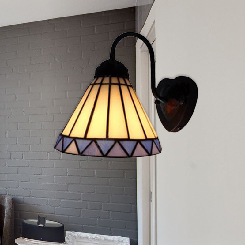 BowLift | Cone Wall Lamp Tiffany Blue-White Glass 1 Head Black Sconces Lighting for Bedroom