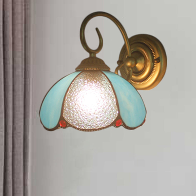 BowLift | Tiffany Flower-shaped Wall Lamp with Curved Arm 1 Light Glass Wall Lamp in Blue for the Home Office