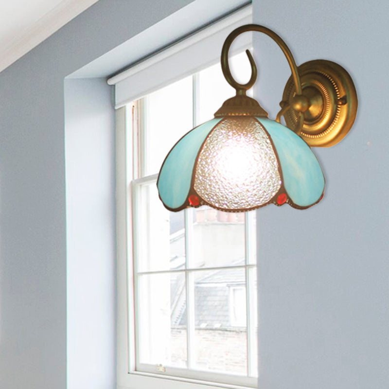 BowLift | Tiffany Flower-shaped Wall Lamp with Curved Arm 1 Light Glass Wall Lamp in Blue for the Home Office