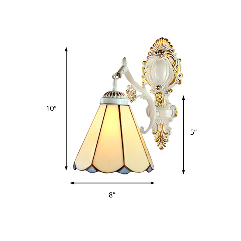 BowLift | Cone Wall Lamp Traditional Beige Glass 1 Light Wall Lighting in White Finish for Bedroom