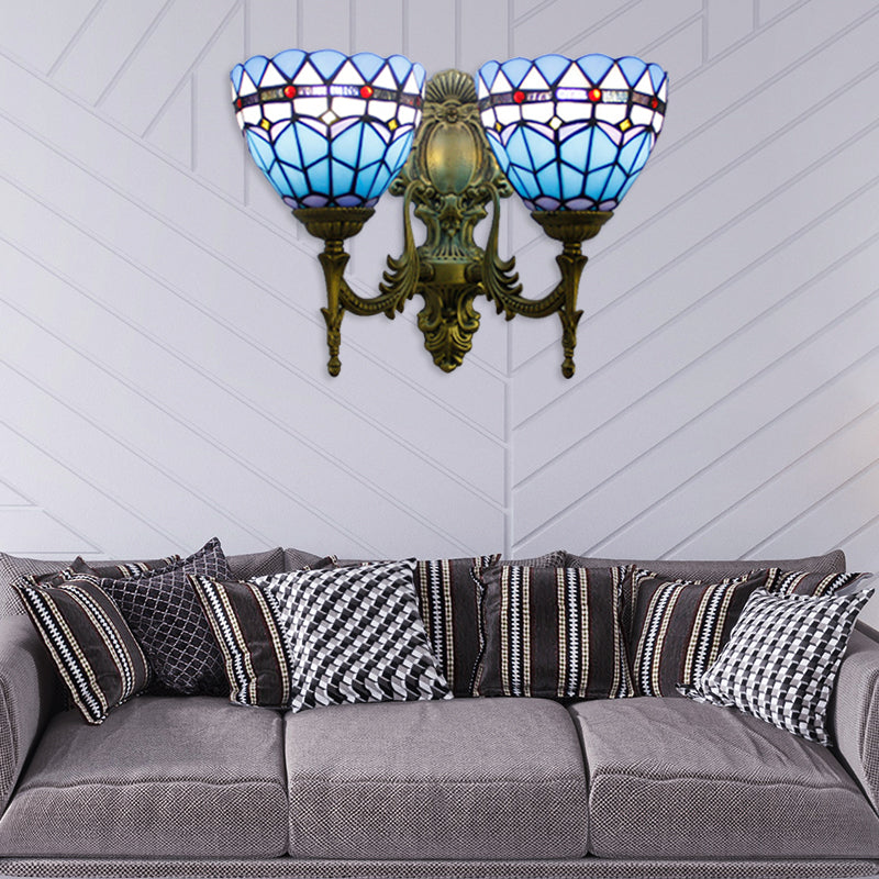 BowLift | Baroque Bowl Wall Light Fixture Stained Glass 2 Heads Wall Lamp in Antique Brass for Living Room