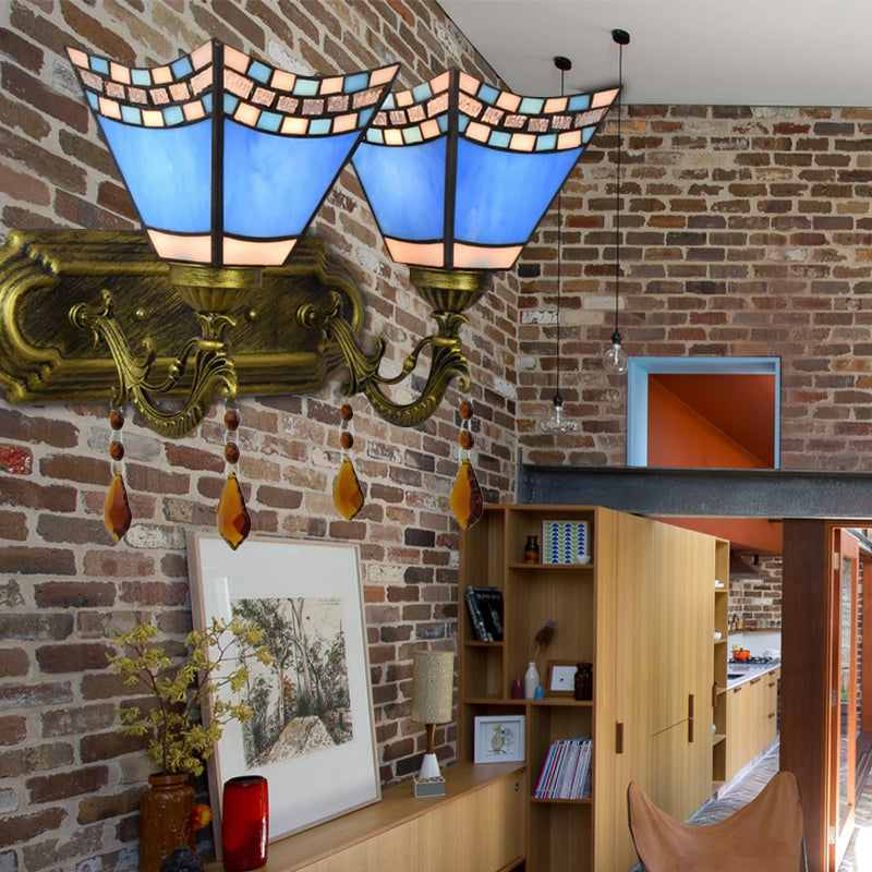 BowLift | Art Glass Bowl Wall Lamp with Agate 2-Bulb Tiffany Vintage Wall Lamp in Beige/Brown/Blue/Blue-White for Dining Room