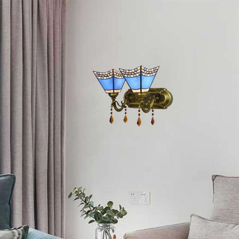 BowLift | Art Glass Bowl Wall Lamp with Agate 2-Bulb Tiffany Vintage Wall Lamp in Beige/Brown/Blue/Blue-White for Dining Room