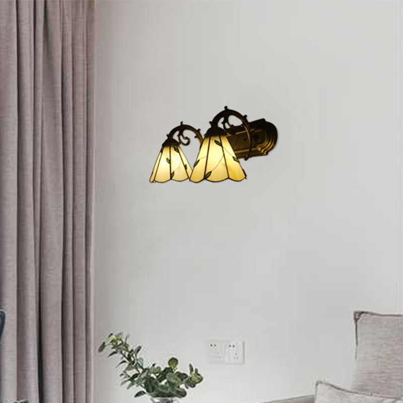 BowLift | Beige Cone-shaped Wall Lamp with Leaf 2 Heads Tiffany Rustic Glass Wall Light for the Study Room