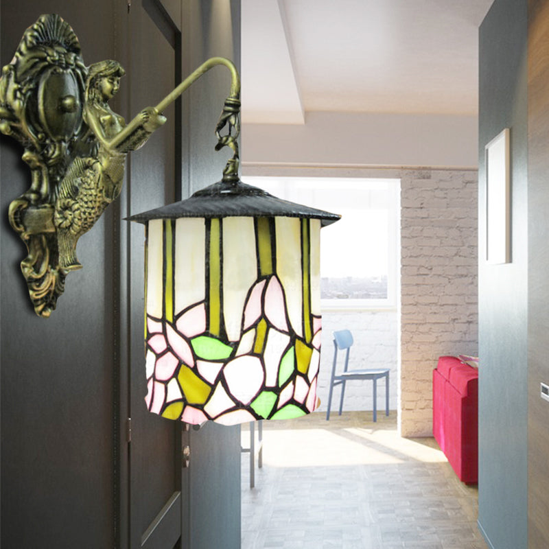 BowLift | Cylinder Wall Light Tiffany Beige Glass 1 Head Hall Wall Mounted Lamp with Flower Pattern