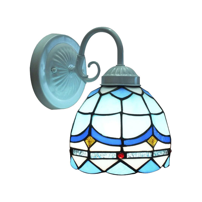 BowLift | Tiffany Arched Small Wall Light Stained Glass 1 Head Blue Wall Light in White Finish for Living Room