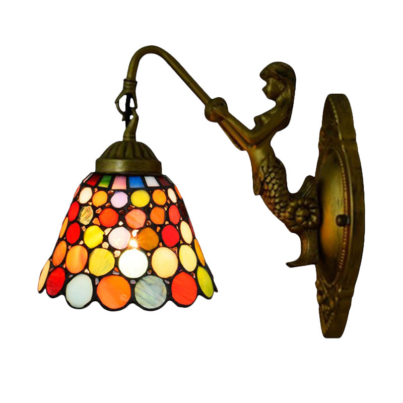 BowLift | Antique Brass 1 Head Wall Lamp Fixture Tiffany Multicolor Stained Glass Tapered Wall Lamp