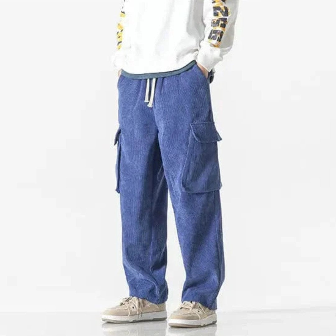 Corduroy Cargo Trousers with Drawstring Waist and Utility Pockets