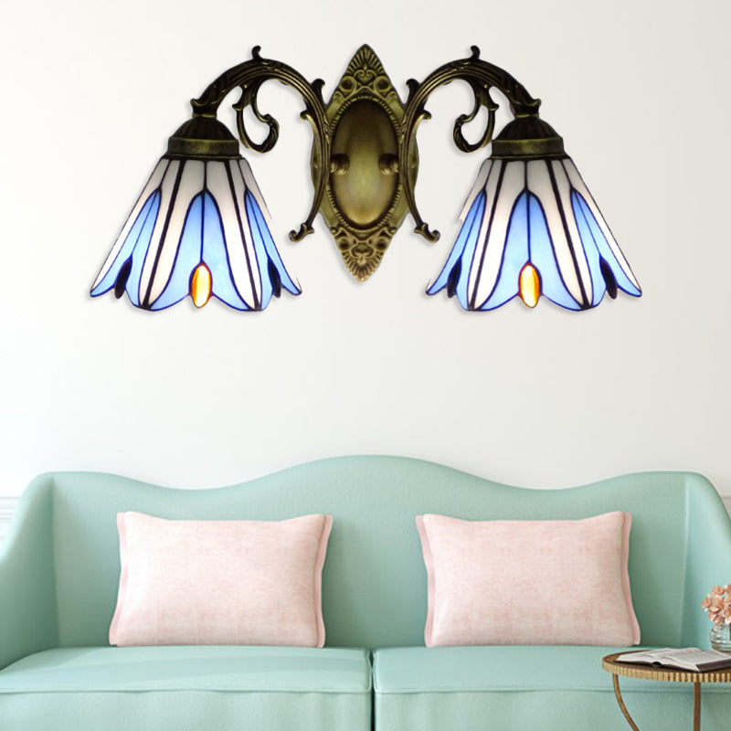 BowLift | Floral Wall Lamp Tiffany Style Stained Glass 2-Light Wall Light in Blue for Hallway