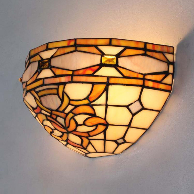 BowLift | Baroque Bowl Wall Lamp Stained Glass 1 Head Wall Mount Light in Purple and Yellow for Staircase