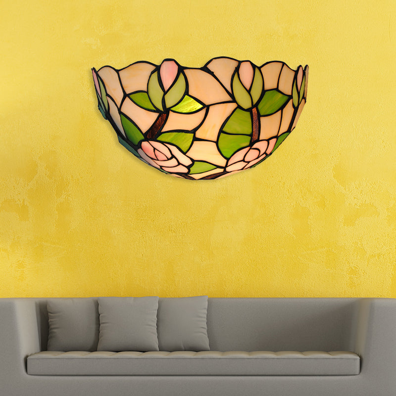 BowLift | Green shell wall lamp with pink rose rustic 1 head stained glass mini wall lamp