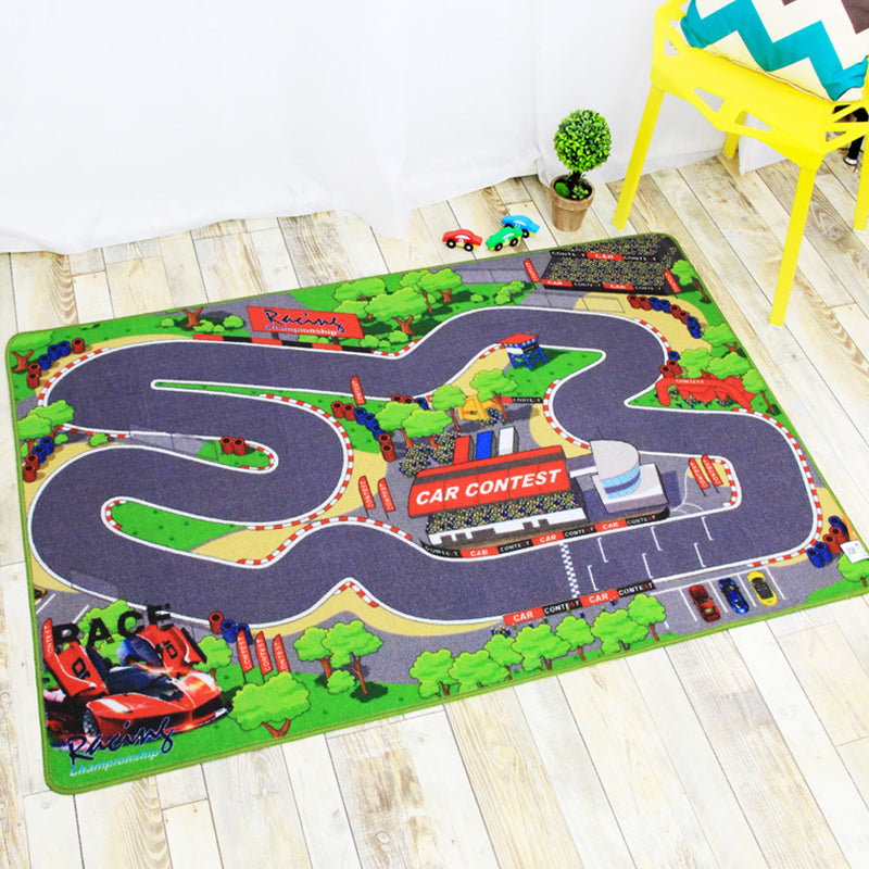 BowLift | Funky Road Pattern Rug with Buildings in Green and Grey Kids Rug Polyester Pet-Friendly Washable Non-Slip Rug for Decoration