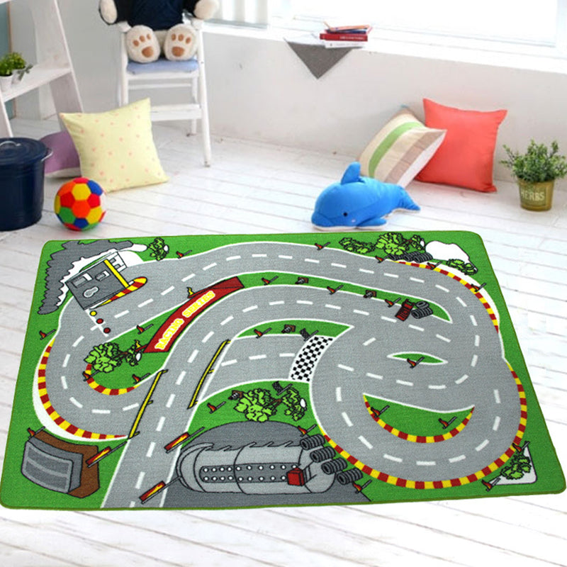 BowLift | Funky Road Pattern Rug with Buildings in Green and Grey Kids Rug Polyester Pet-Friendly Washable Non-Slip Rug for Decoration