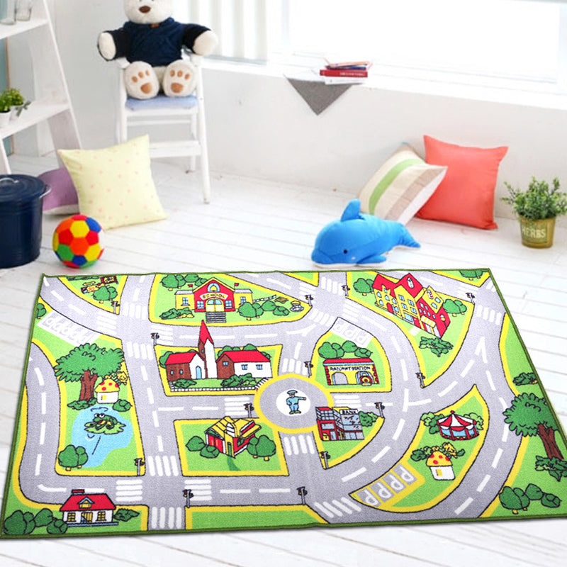 BowLift | Funky Road Pattern Rug with Buildings in Green and Grey Kids Rug Polyester Pet-Friendly Washable Non-Slip Rug for Decoration