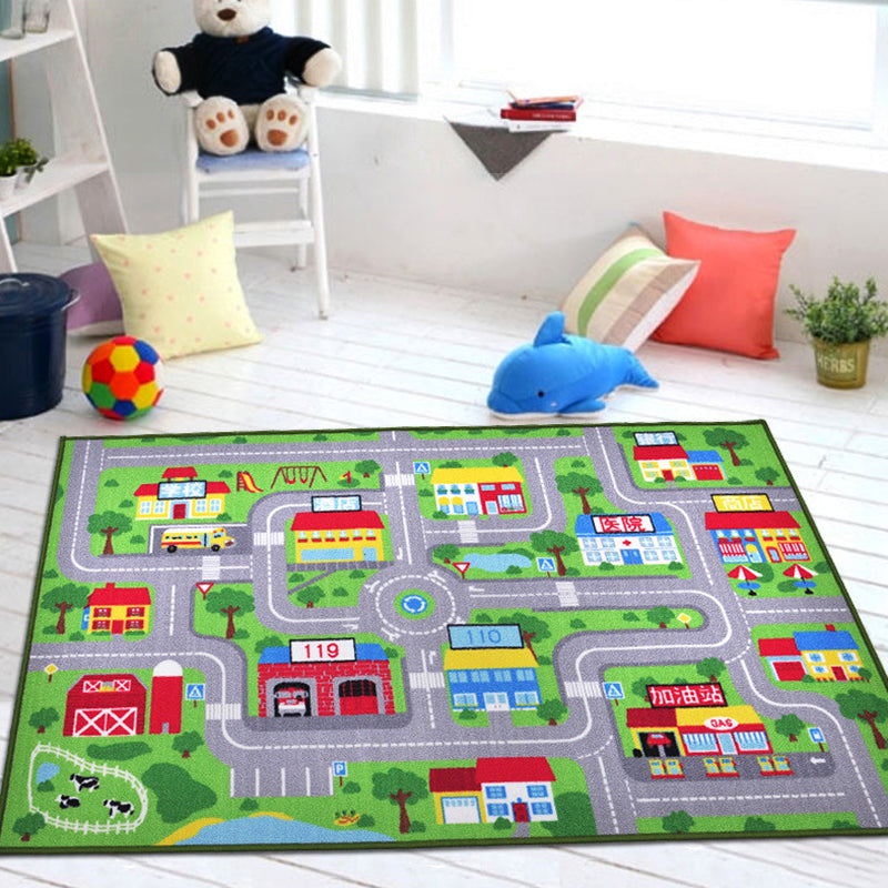 BowLift | Funky Road Pattern Rug with Buildings in Green and Grey Kids Rug Polyester Pet-Friendly Washable Non-Slip Rug for Decoration