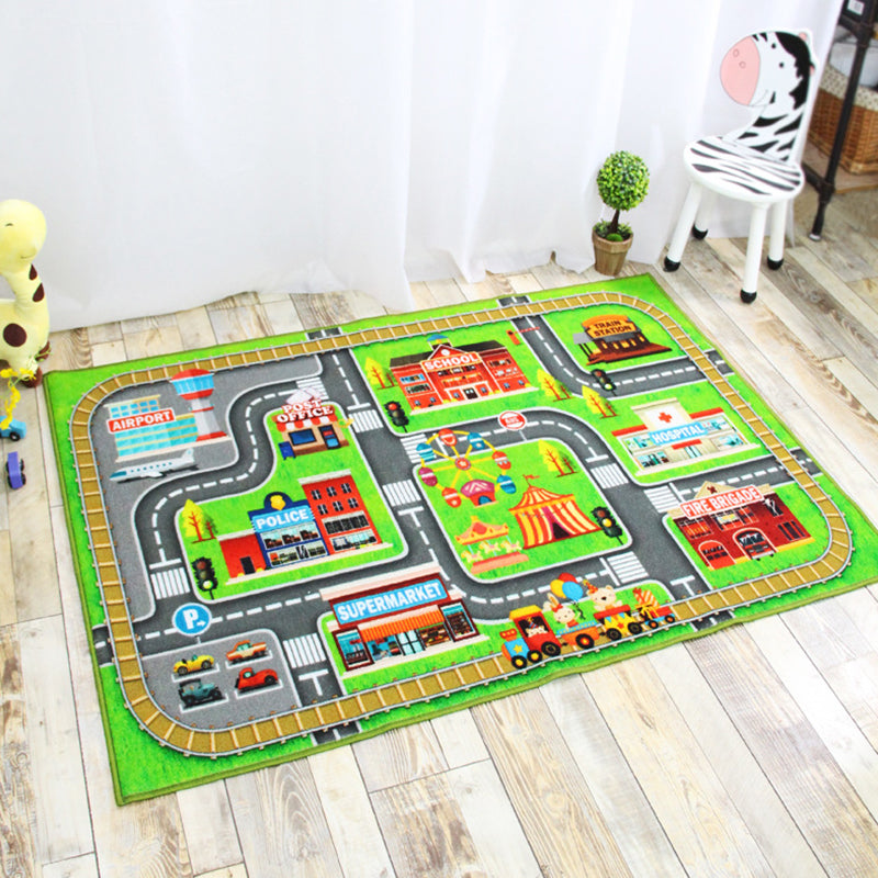 BowLift | Funky Road Pattern Rug with Buildings in Green and Grey Kids Rug Polyester Pet-Friendly Washable Non-Slip Rug for Decoration