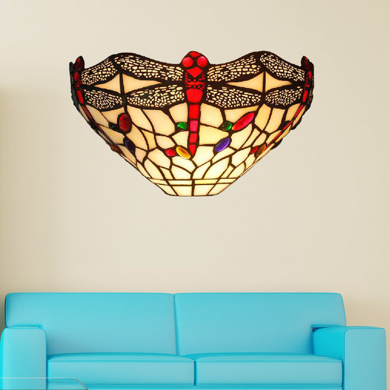 BowLift | Art Deco Dragonfly Wall Lamp with Bowl Shade 1 Light Rustic Colored Glass Wall Lamp in White